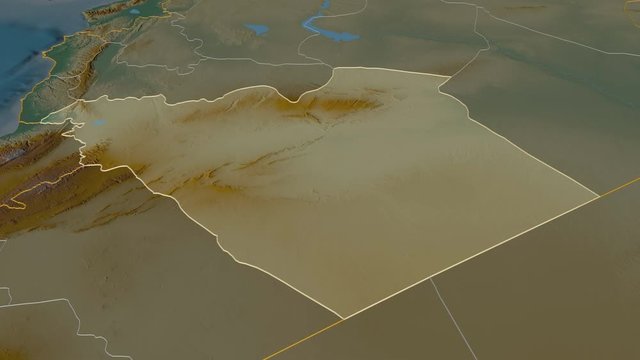 Hims, province with its capital, zoomed and extruded on the relief map of Syria in the conformal Stereographic projection. Animation 3D