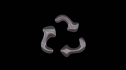3D rendering of distorted transparent soap bubble in shape of symbol of recycle isolated on black background