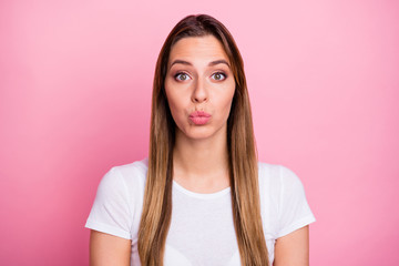 Fototapeta premium Portrait of funky cute girl have summer weekends date with her boyfriend send air kiss wear casual modern clothing isolated over pink color background