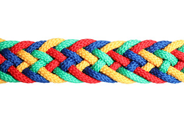 Braided colorful ropes isolated on white, top view. Unity concept