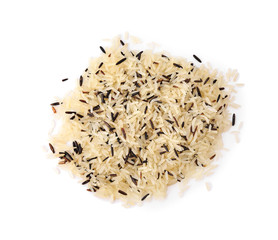 Mix of brown and polished rice isolated on white, top view
