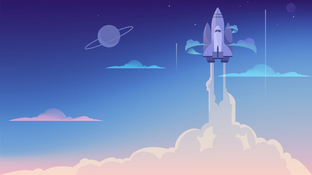 Vector illustration of rocket launch. Business and science consept.