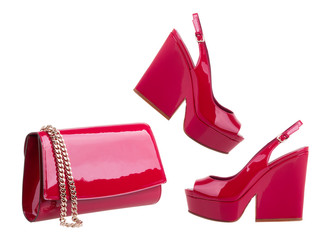 A set of bags and shoes matched in the same style. Beautiful red bag and wedge shoes. A pair of patent leather shoes and a clutch.