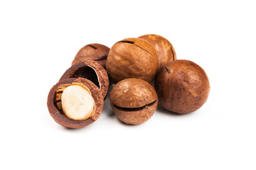 Raw not peeled whole macadamia nuts with shelled kernels isolated on white. Macro view. Healthy food. Protein source.