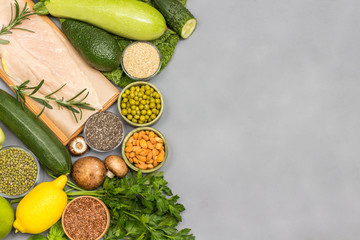 Balanced food set, green vegetables, seeds nuts, chicken meat