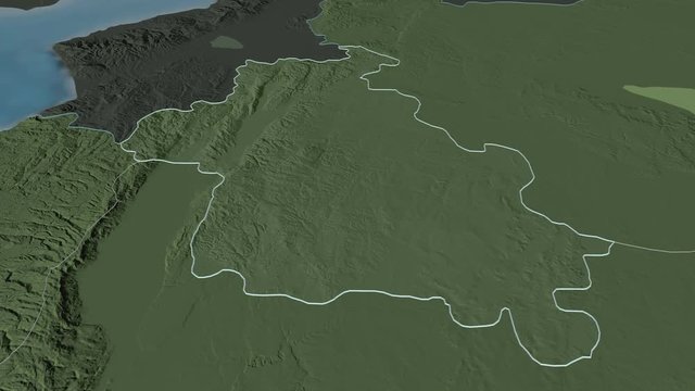 Idlib, province with its capital, zoomed and extruded on the administrative map of Syria in the conformal Stereographic projection. Animation 3D