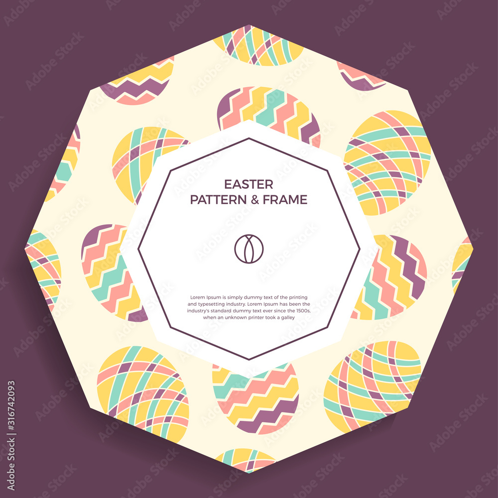 Poster easter egg banner. colorful hand drawn frame border with doodle eggs and abstract geometric shape. d