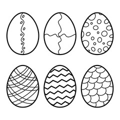 Easter eggs. Hand drawn decorative egg set elements in vector for coloring book. Black and white
