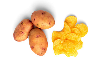 Crisps and potato isolated on white background.