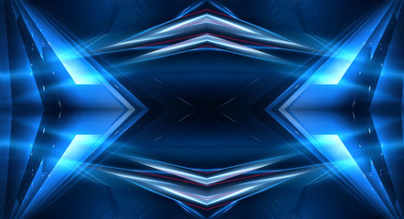 Dark background with lines and spotlights, neon light, night view. Abstract blue background. Light tunnel, blue background.