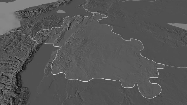 Idlib, province with its capital, zoomed and extruded on the bilevel map of Syria in the conformal Stereographic projection. Animation 3D