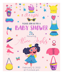Baby Shower girl card design with princess elements set. Girlish fashion. Design template for birthday party, invitation, poster, greeting card. Vector illustration