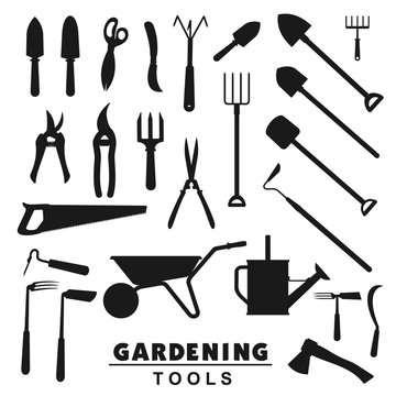 Garden and farming tools silhouette icons, rake and farm fork, gardener equipment. Vector soil cultivating and gardening trowel, tree secateurs, saw and watering can, pitchfork and wheelbarrow