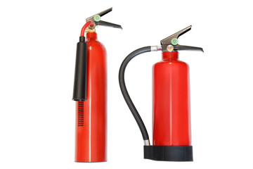 Two fire extinguishers against white background