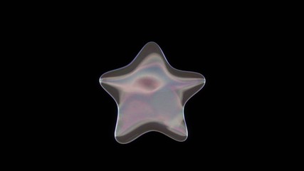 3D rendering of distorted transparent soap bubble in shape of symbol of star isolated on black background