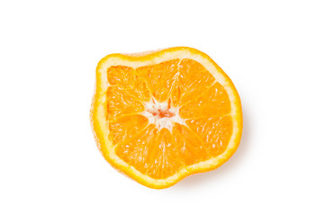 Cross section of a squeezed orange slice over white background