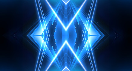 Dark background with lines and spotlights, neon light, night view. Abstract blue background. Light tunnel, blue background.