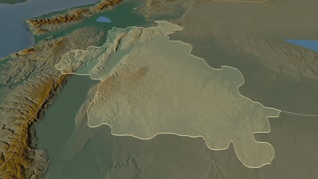 Idlib, province with its capital, zoomed and extruded on the relief map of Syria in the conformal Stereographic projection. Animation 3D