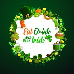 Fototapete Saint Patricks Day Traditional Irish Holiday Party Vector Patricks Day Ireland Flag Lucky Golden Horseshoe And Shamrock Clover Leprechaun Gold Coins And Green Ale Beer Mug Vector Tradition