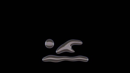 3D rendering of distorted transparent soap bubble in shape of symbol of swimmer isolated on black background