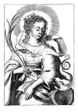 Antique vintage religious allegorical engraving or drawing of Christian holy woman saint Margaret of Antioch or Marina the Great Martyr.Illustration from Book Die Betrubte Und noch Ihrem Beliebten