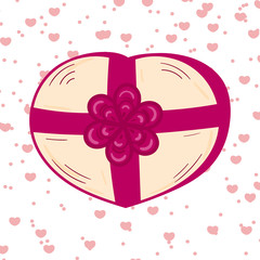 Beige gift box in the shape of a heart with pink ribbon and bow. Vector cartoon illustration. Surprise for Valentine's Day. Design postcard, invitation, sticker, print t shirt, flier. February 14th.