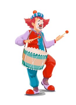 Circus clown playing drum, vector character of carnival comedy show. Joker or comic man cartoon character with funny hat, red wig and fake nose, makeup, giant clown shoes and drum sticks