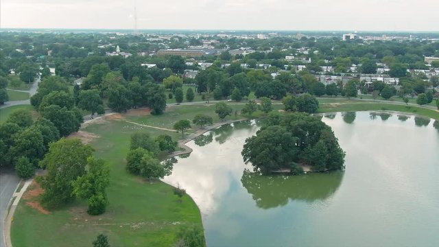 Aerial: William Byrd Park, Swan Lake and residential houses. Richmond, Virginia