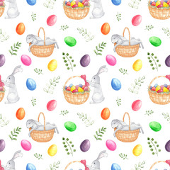 Seamless pattern with bunnies, easter eggs and branches on white background. Easter rabbit. Watercolor illustration.