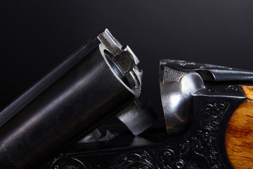 Double-barreled gun on black background.