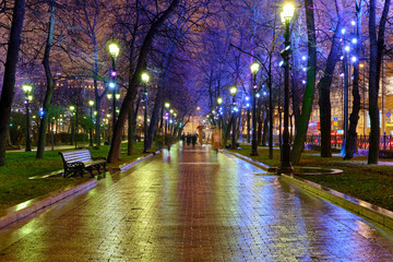 Moscow Boulevard Ring in the evening light. Strastnoy Boulevard is illuminated by night lanterns