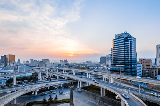 Twilight scenery of overpass in Hohhot, Inner Mongolia, China
