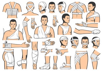 Trauma bandaging technique, first aid medical emergency. Vector people bandage and guide for leg, arm and head fracture injury, elbow and ankle joint sprains, clinic ambulance and hospital rescue