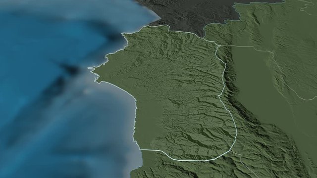 Lattakia, province with its capital, zoomed and extruded on the administrative map of Syria in the conformal Stereographic projection. Animation 3D