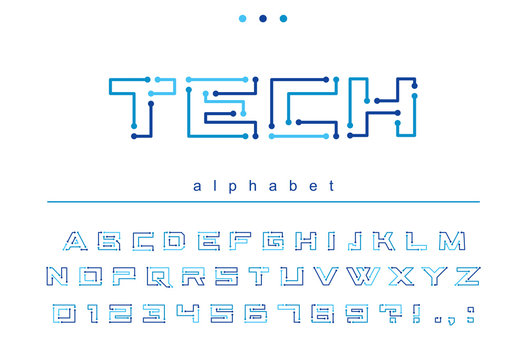 Circuit board geometric font. Digital technology, futuristic, future techno alphabet. Letters and numbers for computer electronic chip, tech logo design. Modern blue color minimalistic vector typeface