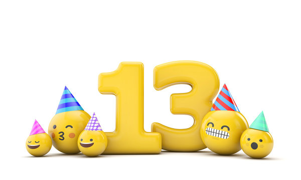 Number 13 emoji birthday party celebration. 3D Render