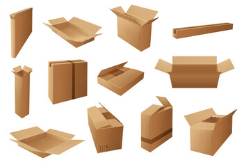 Delivery packages 3d vector design of brown cardboard boxes and carton parcels. Cargo shipping, warehouse storage and moving packs, open and closed containers with packaging marks and packing tapes - obrazy, fototapety, plakaty