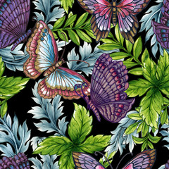 Seamless pattern Butterfly with abstract fantasy flowers and leaves Paisley or Damask jacobean style Watercolor Gouache hand paint