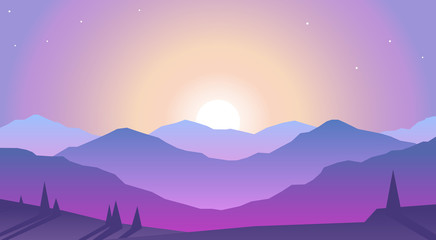 Vector landscape, sunset scene in nature with mountains and forest, silhouettes of trees and hills in the evening. Polygonal landscape illustration. Flat design