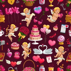 Valentine day pattern of love hearts, cupid angels with balloons and roses flowers. Vector seamless background of wedding ring and cake, love potion in pot with heart lock and key pattern