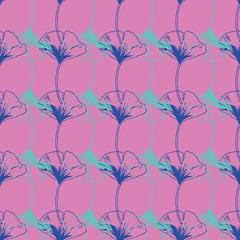 Vector seamless pattern ginko wax with blue and turquoise ginkgo leaves and pink background