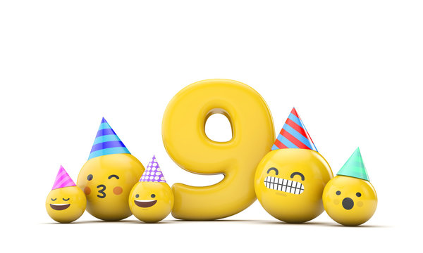 Number 9 emoji birthday party celebration. 3D Render