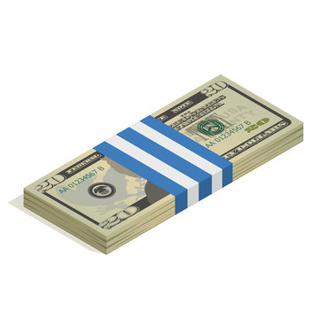 Bank packaging of twenty-dollar bills, bundle of US banknotes, pile of cash, paper money. The concept of financial success and wealth. Isometric vector illustration isolated on white background