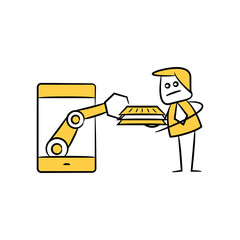 businessman giving data document to smart phone robot yellow stick figure and doodle man