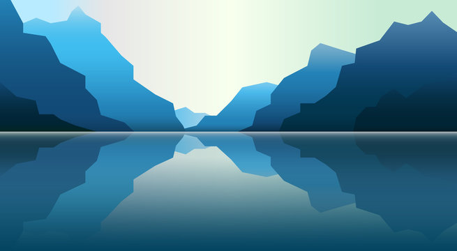 Minimalist landscape. Mountains near the water. Vector image of mountains on background of lakes, sea, ocean. Reflection in water.
