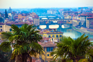 Fototapeta na wymiar Florence Ponte Vecchio Bridge and City Skyline in Italy. Florence is capital city of the Tuscany region of central Italy. Florence Ponte Vecchio Bridge and City Skyline in Italy.