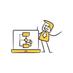 businessman and diagram in laptop yellow stick figure and doodle man