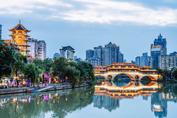 Night view of Anshun Bridge, Chengdu, Sichuan, China