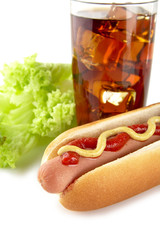 American hotdog with cola drink,salad isolated on white