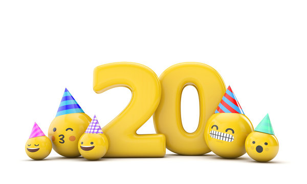 Number 20 emoji birthday party celebration. 3D Render